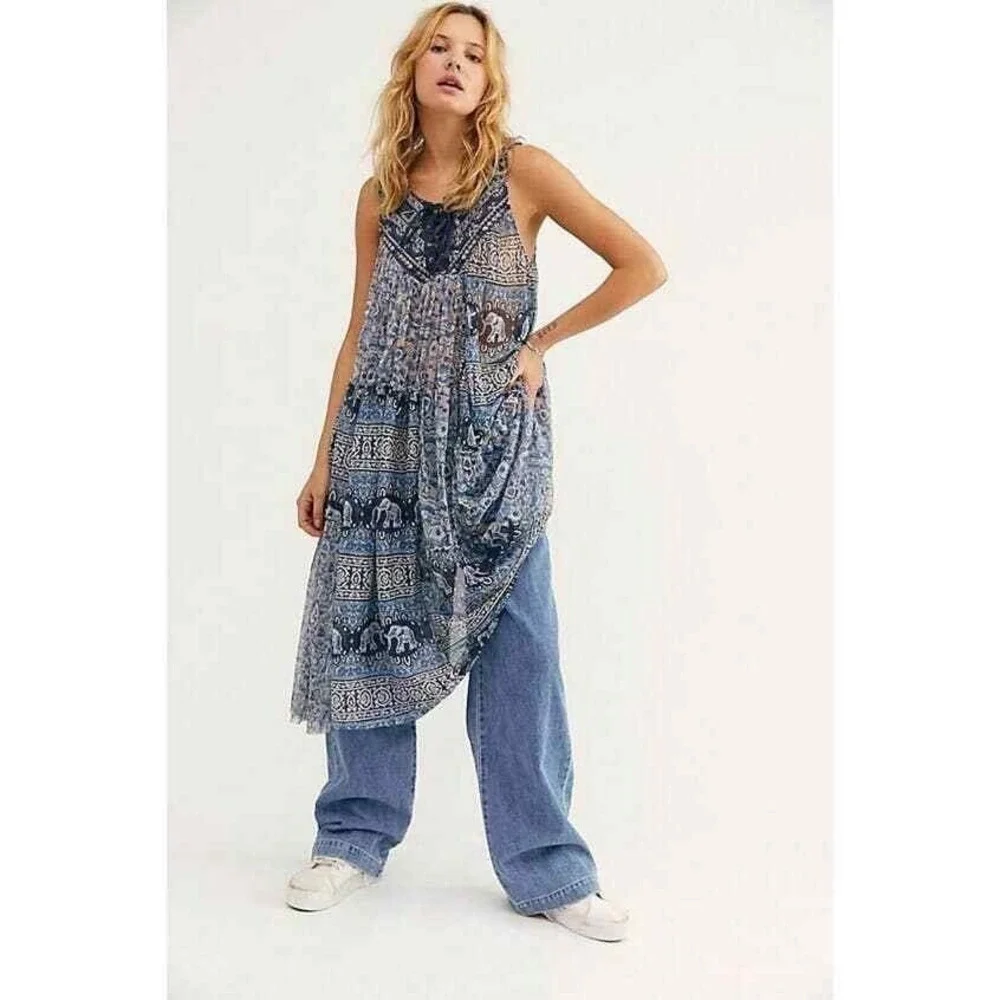Free People Wanderers Midi Dress Blue Women's Medium Elephant Sheer Boho Coverup
